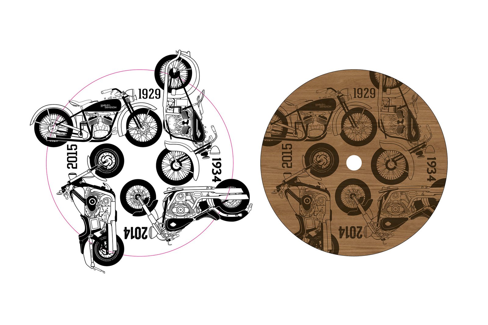 motorcycle illustration system applied to wood engraving for custom trophy design inspired by Harley-Davidson