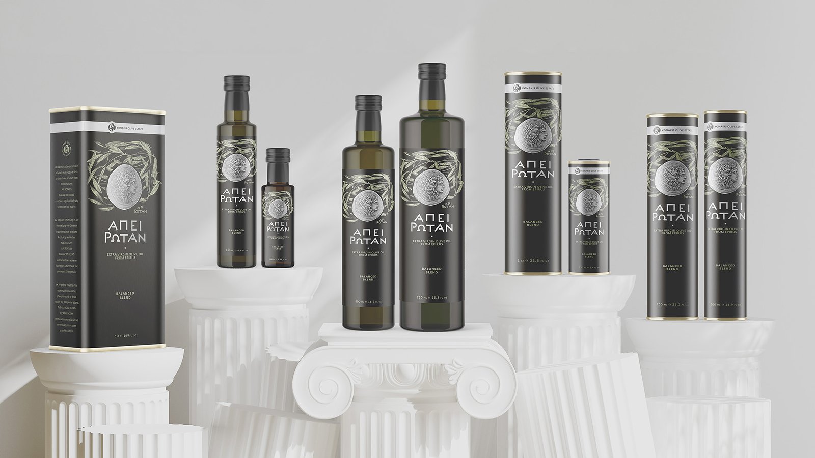 APEI ROTAN Balanced Blend olive oil range displayed in glass bottles and tin containers, presented as a complete premium packaging system.