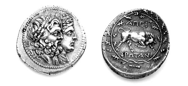Ancient Epirus silver coin depicting Zeus and Dione, preserved at the Archaeological Museum of Ioannina.