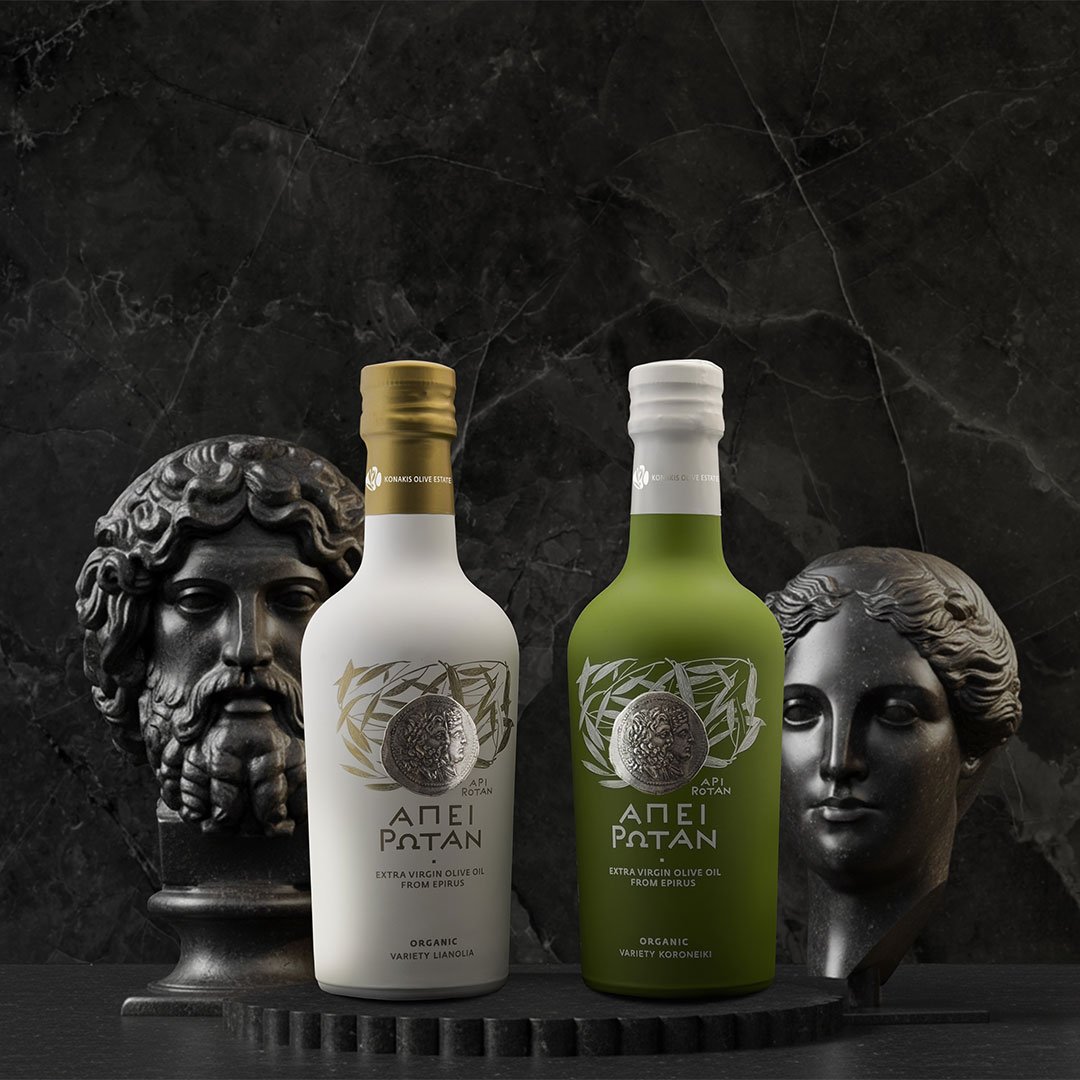 Api Rotan organic extra virgin olive oil packaging with ancient coin label design