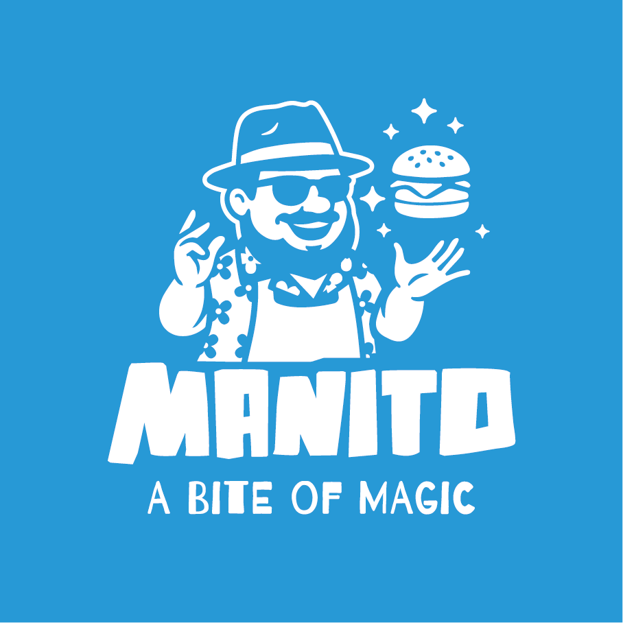 Λογότυπο ΜΑΝΙΤΟ με burger και το μήνυμα A BITE OF MAGIC σε γαλάζιο φόντο.