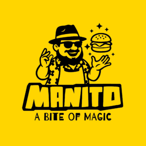 Λογότυπο ΜΑΝΙΤΟ με burger και το μήνυμα A BITE OF MAGIC σε κίτρινο φόντο.