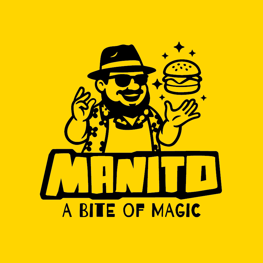 Λογότυπο ΜΑΝΙΤΟ με burger και το μήνυμα A BITE OF MAGIC σε κίτρινο φόντο.