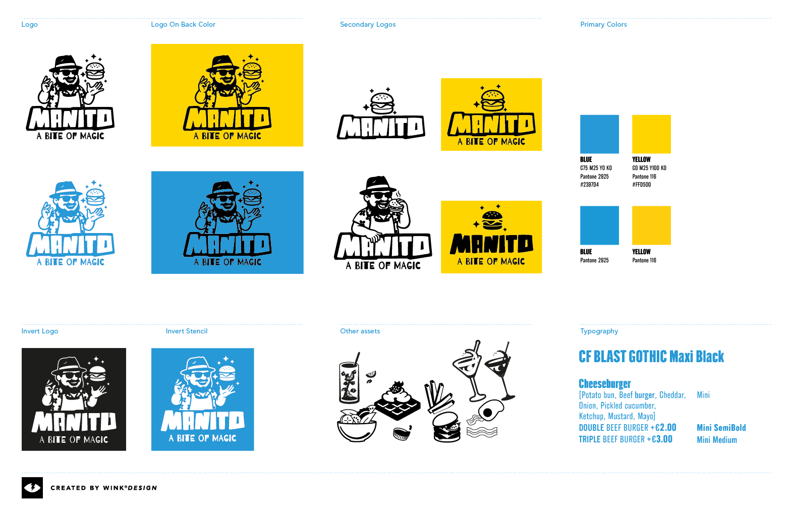 Brand style guide της ΜΑΝΙΤΟ με λογότυπα, χρώματα, τυπογραφία και εικονογραφικά στοιχεία.