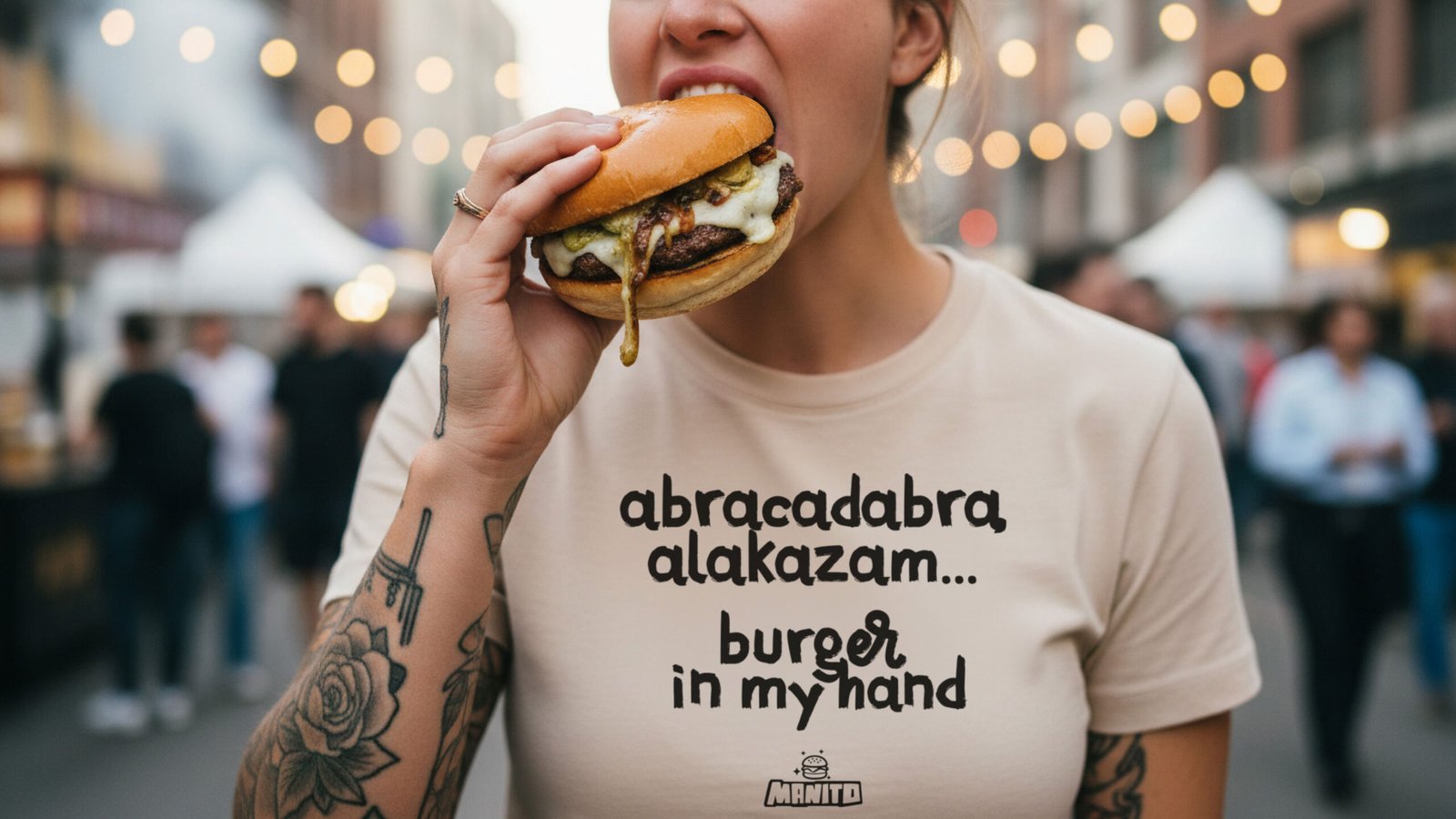 Γυναίκα απολαμβάνει burger ΜΑΝΙΤΟ σε υπαίθριο αστικό περιβάλλον με φωτάκια.
