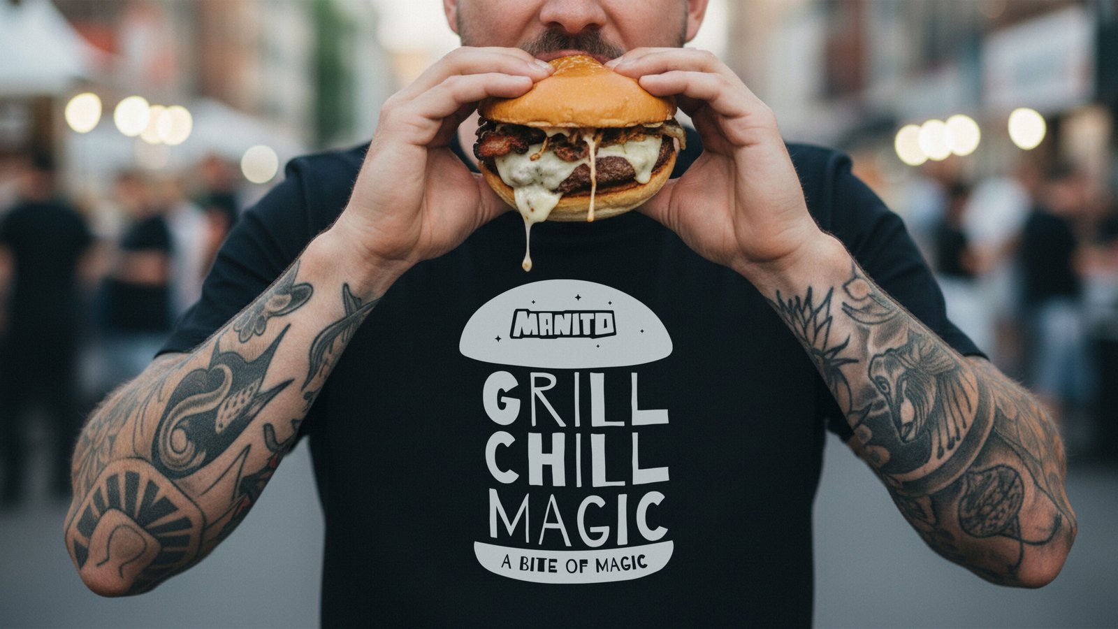 Άνδρας απολαμβάνει ζουμερό burger ΜΑΝΙΤΟ σε urban street food περιβάλλον.
